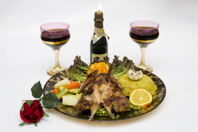 Обои картинки фото еда, мясные блюда, овощи, курица, вино