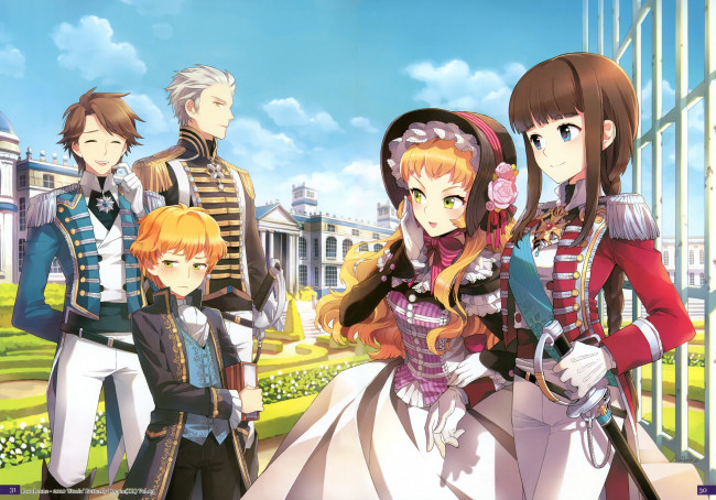 Обои картинки фото аниме, unknown,  другое, форма, военная, лужайка, дворец, парк, книга, пятёрка, nardack, камзол, шляпка, оружие, эполеты, art, орден, visual, novel, rosa, leone