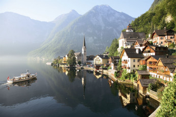 Картинка hallstatt +upper+austria города -+пейзажи катер горы озеро башня здания дома