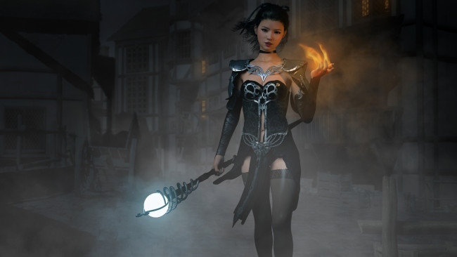 Обои картинки фото 3д графика, фантазия , fantasy, взгляд, девушка, факел, фон