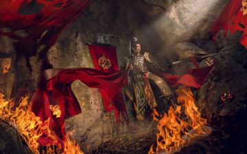 Картинка разное cosplay+ косплей пламя флаг природа мужчина ткань копье огонь доспехи