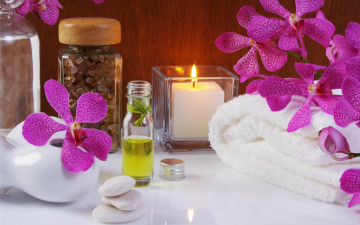 Картинка разное косметические+средства +духи масло полотенца свеча спа орхидеи соль
