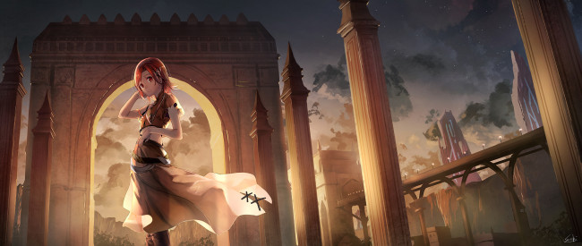 Обои картинки фото аниме, город,  улицы,  здания, девушка