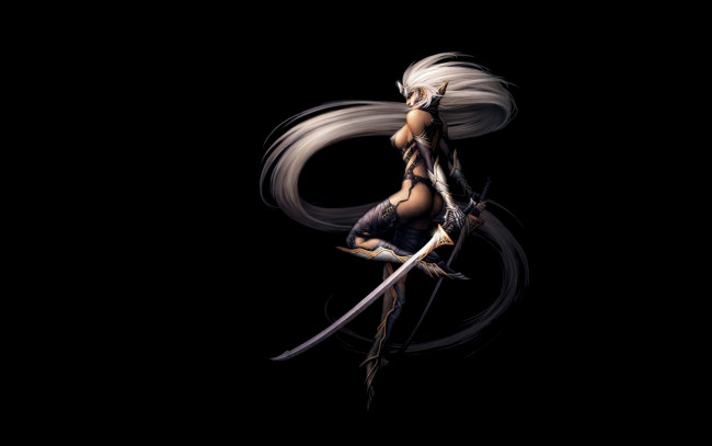 Обои картинки фото фэнтези, эльфы, девушка, мечи, эльфийка, блондинка