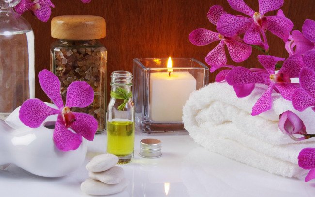 Обои картинки фото разное, косметические средства,  духи, масло, полотенца, свеча, спа, орхидеи, соль