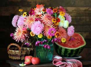 Картинка еда натюрморт корзинка арбуз яблоки букет