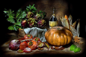 Картинка еда натюрморт тыква артишоки хурма вино