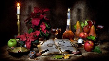 Картинка еда натюрморт свеча вино трубка фрукты