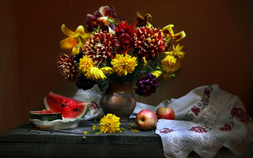 Картинка еда натюрморт арбуз яблоки букет