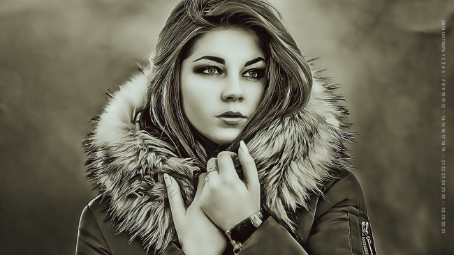 Обои картинки фото календари, компьютерный дизайн, девушка, мех, куртка, 2019, calendar, женщина