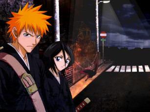 Картинка аниме bleach kurosaki ichigo shinigami меч парень kuchiki rukia улица дорога