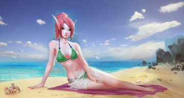 Картинка аниме животные +существа девушка фон взгляд пляж купальник