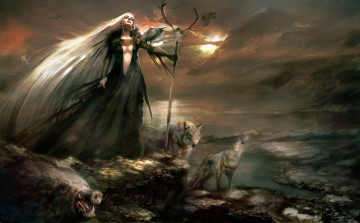 Картинка фэнтези маги +волшебники девушка посох тучи волки кабан скалы