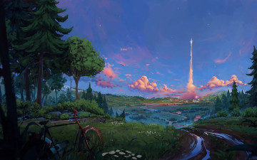 Картинка рисованное денис+истомин природа велосипед небо облака старт