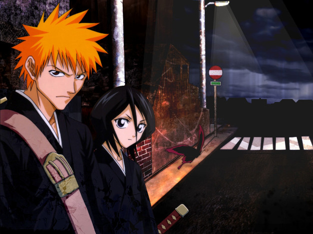 Обои картинки фото аниме, bleach, kurosaki, ichigo, shinigami, меч, парень, kuchiki, rukia, улица, дорога