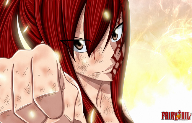 Обои картинки фото аниме, fairy tail, взгляд, маг, волшебник, scarlet, erza, кровь
