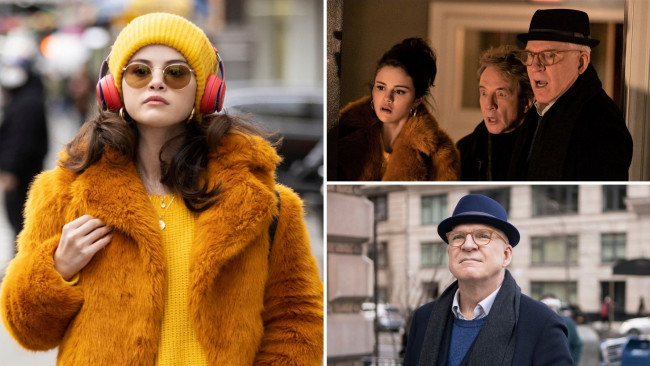 Обои картинки фото кино фильмы, only murders in the building , сериал, девушка, шапка, наушники, шуба, мужчины