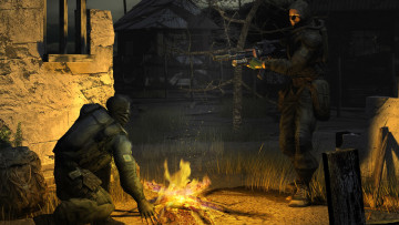 обоя видео игры,  shadow of chernobyl, сталкеры, развалина, оружие, костер
