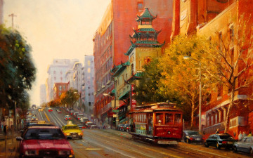 Картинка рисованное живопись город улица транспорт осень