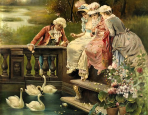 Картинка рисованное hans+zatzka парень девушки забор пруд лебеди