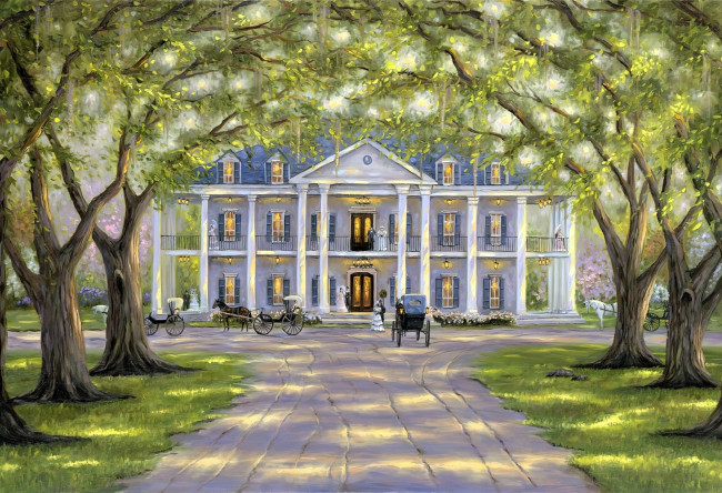 Обои картинки фото рисованное, robert finale, особняк, дом, кареты, дорога, деревья, парк