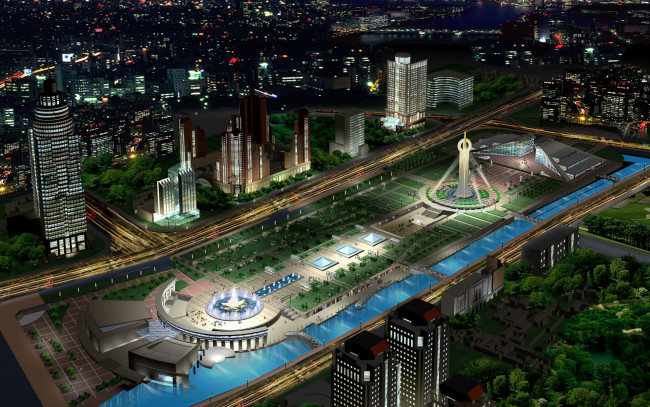 Обои картинки фото 3д, графика, architecture, архитектура, вечер, огни, город