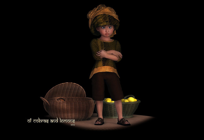 Обои картинки фото 3д, графика, people, люди, мальчик, корзины, лимоны