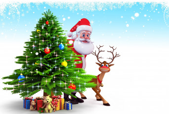 Картинка праздничные векторная графика новый год санта клаус олень подарки елка