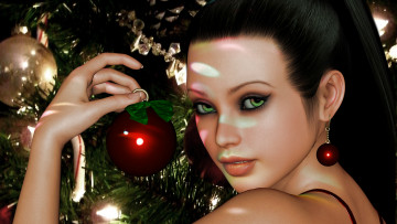 Картинка 3д графика portraits портрет взгляд ель лицо глаза новый год игрушка губы
