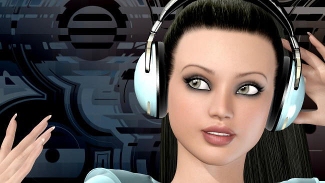 Обои картинки фото 3д, графика, portraits, портрет, глаза, наушники, губы, взгляд, лицо