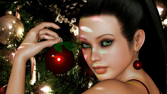 Обои картинки фото 3д, графика, portraits, портрет, взгляд, ель, лицо, глаза, новый, год, игрушка, губы