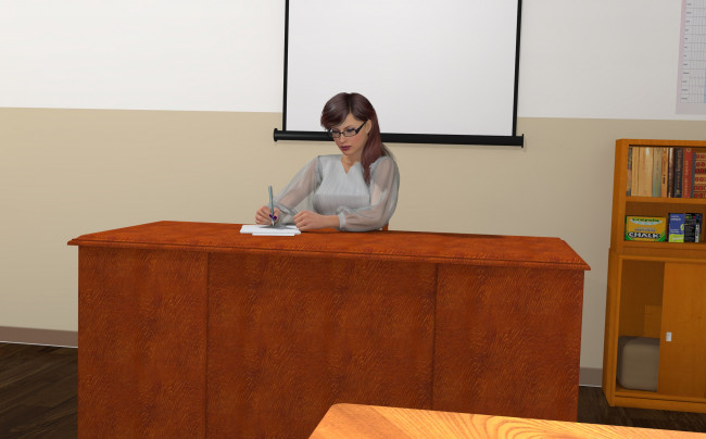 Обои картинки фото 3д, графика, people, люди, класс, стол, учительница, девушка