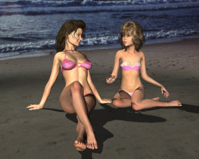 Картинка 3д+графика люди+ people мать дочь пляж море