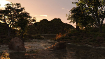 Картинка 3д+графика природа+ nature холм деревьЯ камень