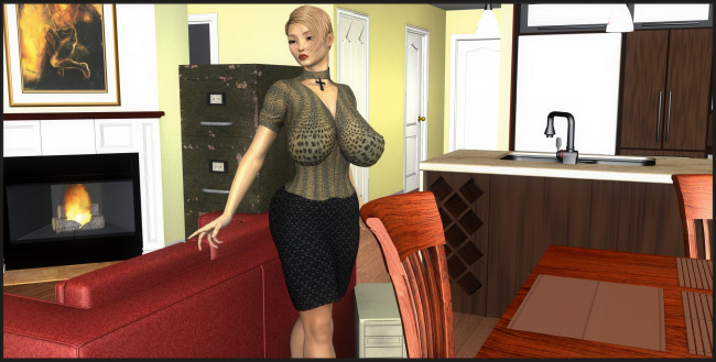 Обои картинки фото 3д графика, люди , people, девушка, взгляд, стол, стулья, кухня