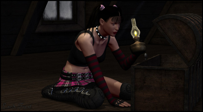 Обои картинки фото 3д графика, люди , people, лампа, сундук, взгляд, девушка