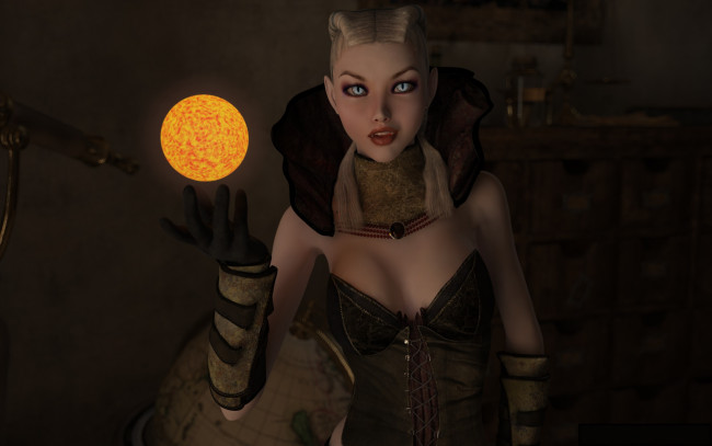 Обои картинки фото 3д графика, существа , creatures, девушка, взгляд, фон, вампир, улыбка, луна