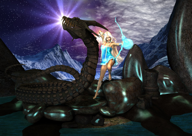 Обои картинки фото 3д графика, фантазия , fantasy, дракон, лук, взгляд, девушка