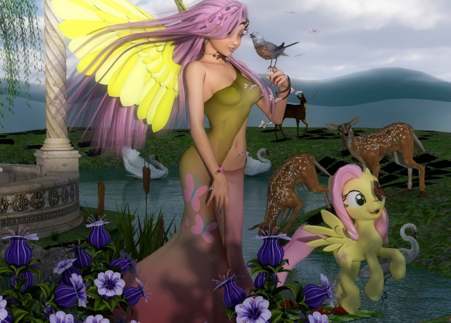 Обои картинки фото 3д графика, люди , people, девушка, взгляд, пони, цветы, животные, река, птицы, олени