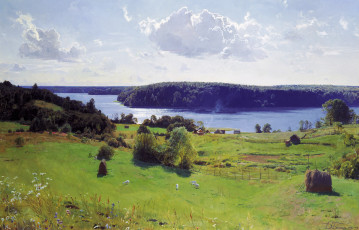 Картинка светлый+покой рисованное дмитрий+белюкин деревня луга река берега деревья лес облака небо