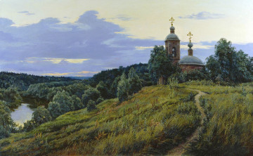 Картинка спас+темныя+-+станислав+брусилов рисованное станислав+брусилов природа облака небо река склон церковь деревья тропинка