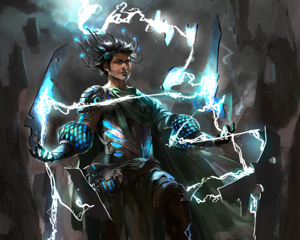 Обои картинки фото фэнтези, маги,  волшебники, арт, мужчина, магия, молния