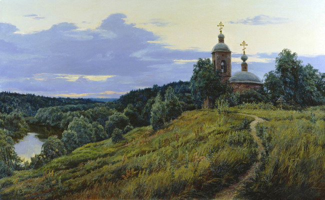 Обои картинки фото спас темныя - станислав брусилов, рисованное, станислав брусилов, природа, облака, небо, река, склон, церковь, деревья, тропинка