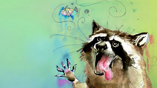Обои картинки фото рисованное, животные,  еноты, рыба, язык, лапа, енот