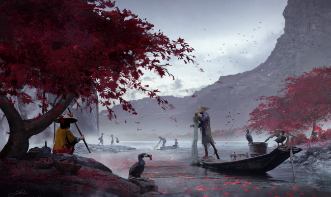 Обои картинки фото рисованное, живопись, пейзаж, человек