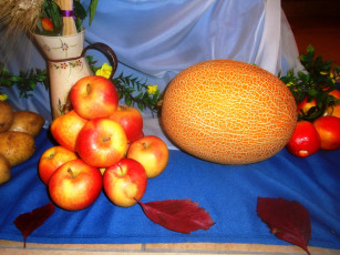 Картинка еда натюрморт дыня яблоки