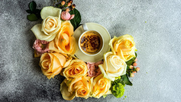 Картинка еда кофе +кофейные+зёрна цветы розы