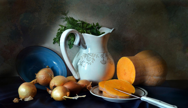 Обои картинки фото еда, овощи, петрушка, лук, тыква