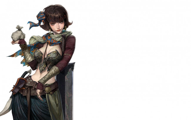 Обои картинки фото аниме, unknown,  другое , девушка, оружие, мешочек