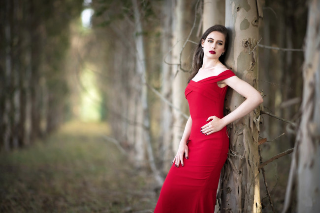 Обои картинки фото девушки, - брюнетки,  шатенки, брюнетка, макияж, красное, платье